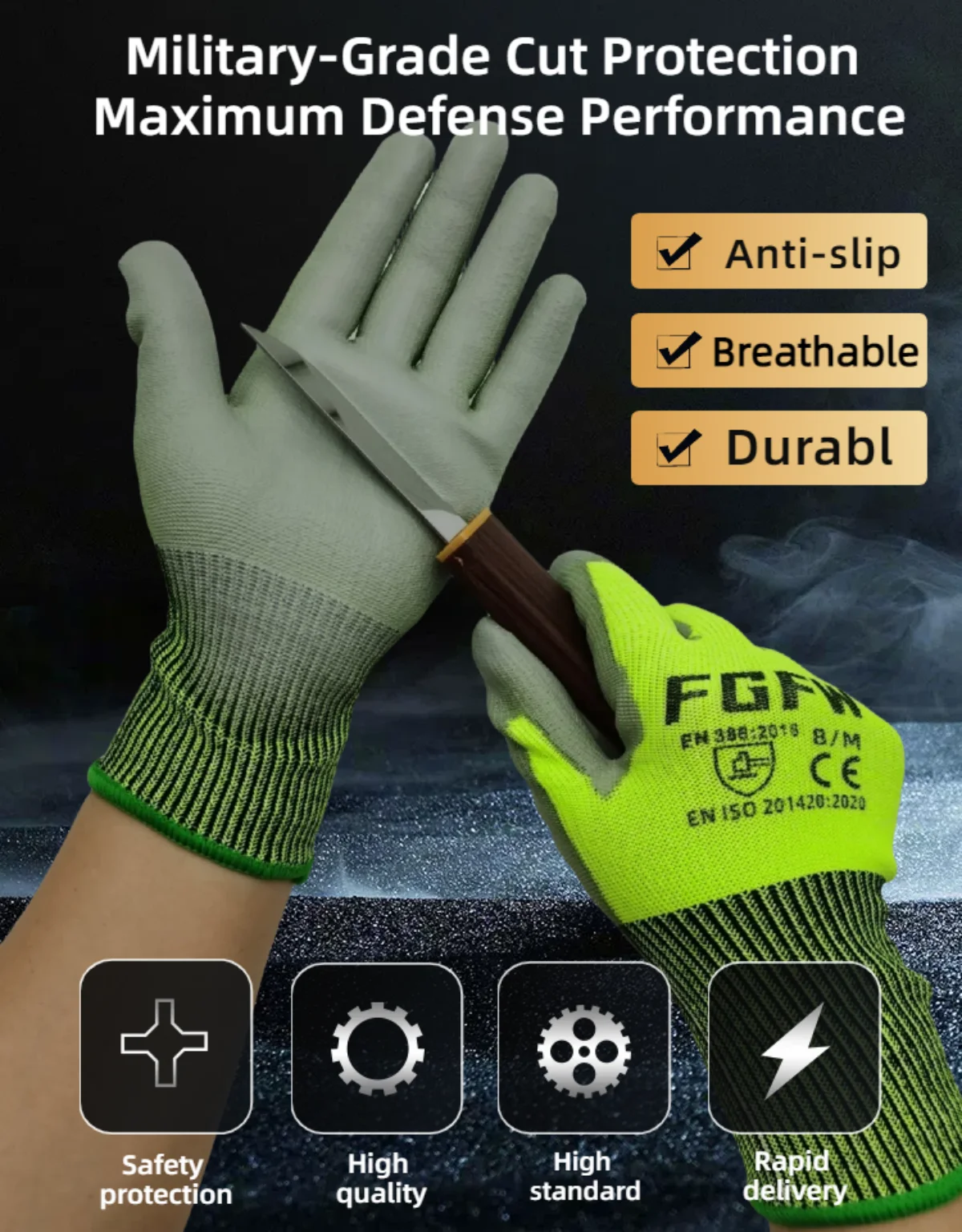 10 Pairs Military-Grade Level C Cut Resistant Gloves EN388 Certified - HPPE Fiberglass, Non-Slip Grip, Breathable for Industrial