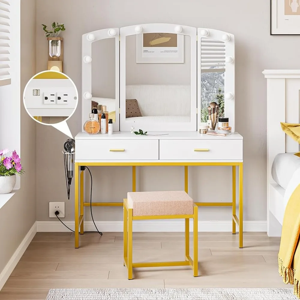 

White Makeup Dressing Table With 2 Drawers and Girl's Stool Furniture Dressers for Bedroom Dresser Organizer Make Up Table Home
