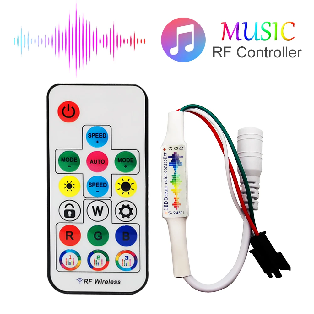 led wi fi addressable music spectrum controller kit built in 2x2048 pixels 252 color chasing modes support device DC5-24V 17Keys Music Led Controller 3Pin Mini RF Remote For WS2812B WS2811 5050 RGB Individually Addressable Strip 358 Modes