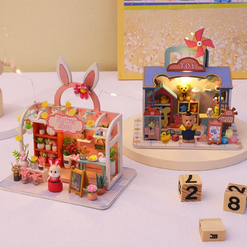 

Wooden Dollhouse Miniature Kit DIY Rabbit Flower Shop Mini Casa Toy Store Doll House With Furniture Villa Girls Birthday Gifts