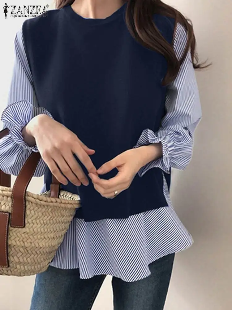 

Fashion Long Sleeve Pullover 2023 ZANZEA Women Striped Patchwork Blouse Autumn Shirt Casual Party Work Tops Stylish Blusas Shirt