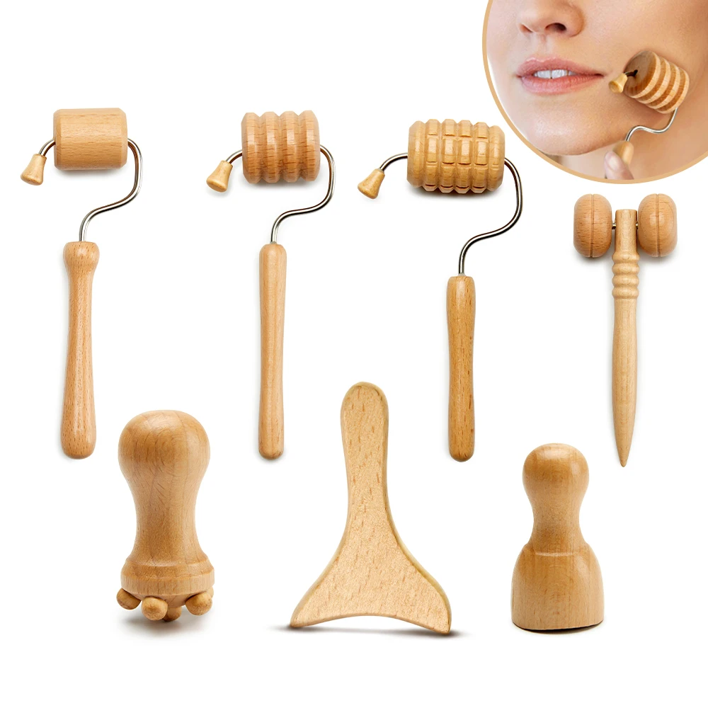 7Pcs/set Face Massagers Gua Sha Tools Wood Therapy Face Slimming Maderoterapia Facial Lifting Gua Sha Wrinkle Remover folding facial bed solid wood beauty massage couch massage club massage bed