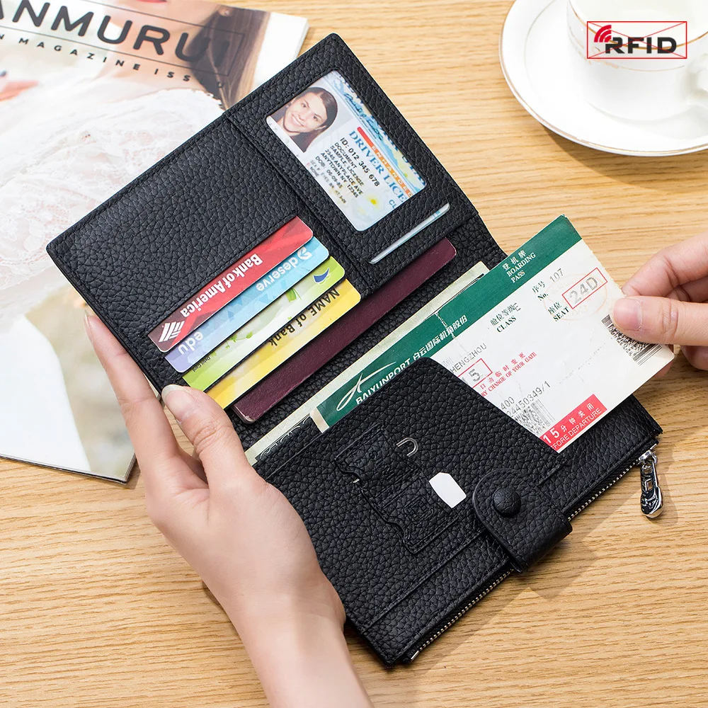 Genuine Leather RFID Ultra-thin Multi-functional Passport Bag Women's New Wallet Card Ticket Holder Documents Wallet Storage Bag