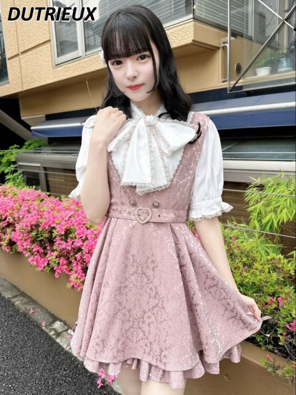 Japanese Style Lolita Jacquard Love Belt Short Suspender Dress Summer Sweet Cute Girls Wild Cinched Sleeveless Dresses