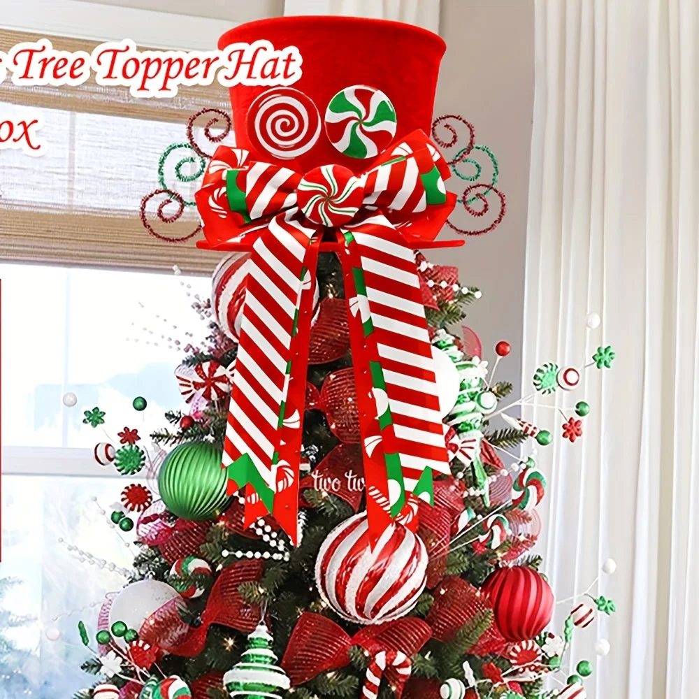 1 Christmas Tree Decoration Hat, Christmas Candy Cane Tree Top Decoration, with Red Hat and Mint Bow-Holiday Home Decoration,