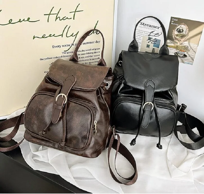 

Women Korean Fashion Vintage Pu Leather Backpacks Large Capacity Travel Backpack Ladies Casual Shoulder Bags School Bag Totes