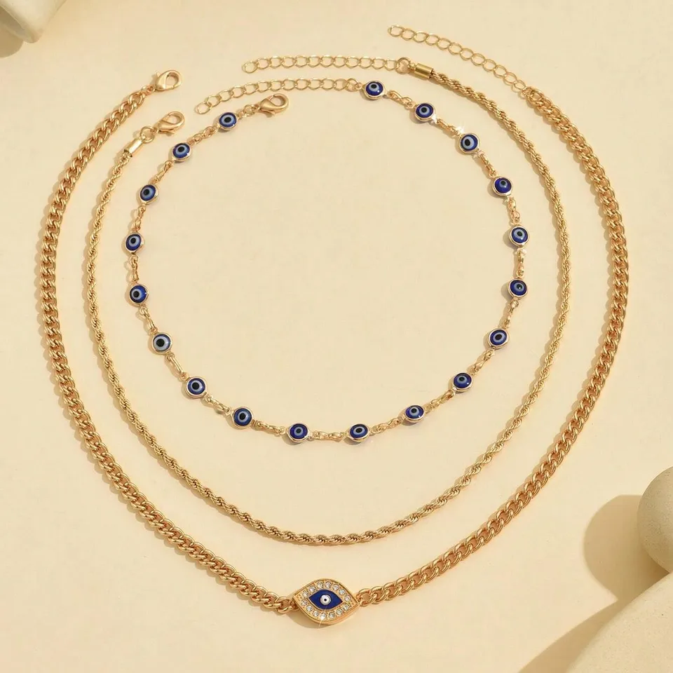 18K Gold Plated Evil Eye Layered Necklace - Bohemian Choker & Bead Set For Women (3-Layer, Adjustable)