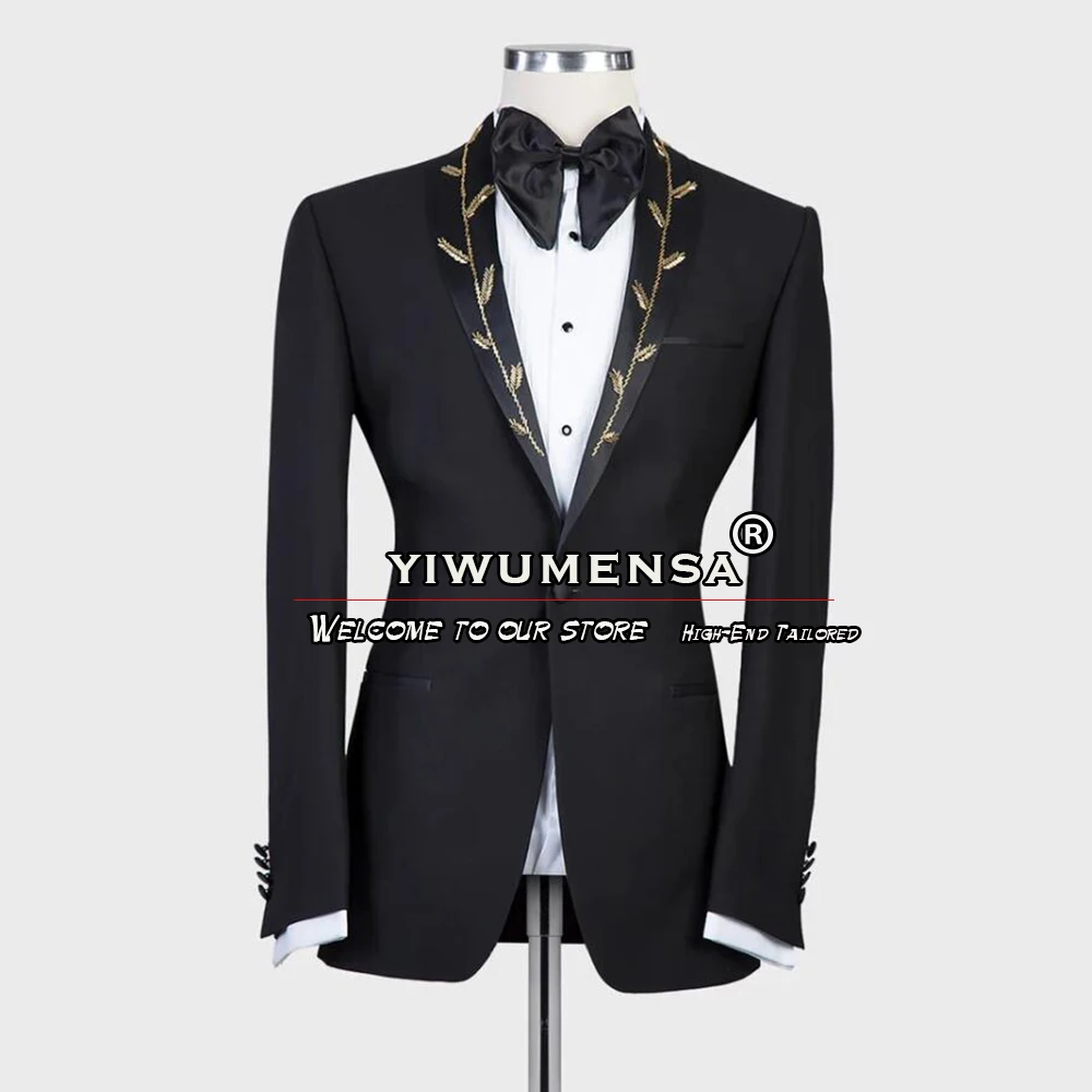 

Черные смокинги для жениха, деловые мужские свадебные костюмы, приталенные однобортные Пиджаки с бисером и брюки, Мужская модная одежда для брака из 2 предметов