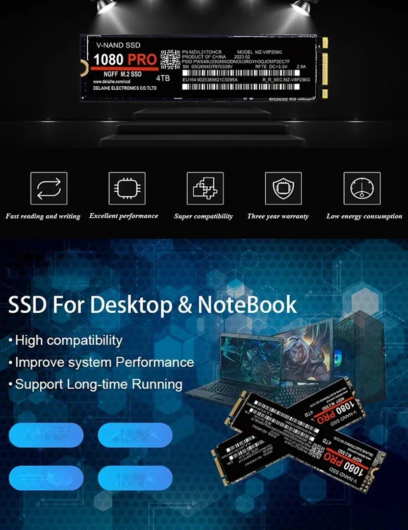 데스크탑 PC PS5 게임용 솔리드 스테이트 하드 디스크, 브랜드 SSD M2 2280 PCIe 4.0 NVME 읽기 14000 MB/S, 1080PRO 4TB, 1 개, 2 개, 3 개