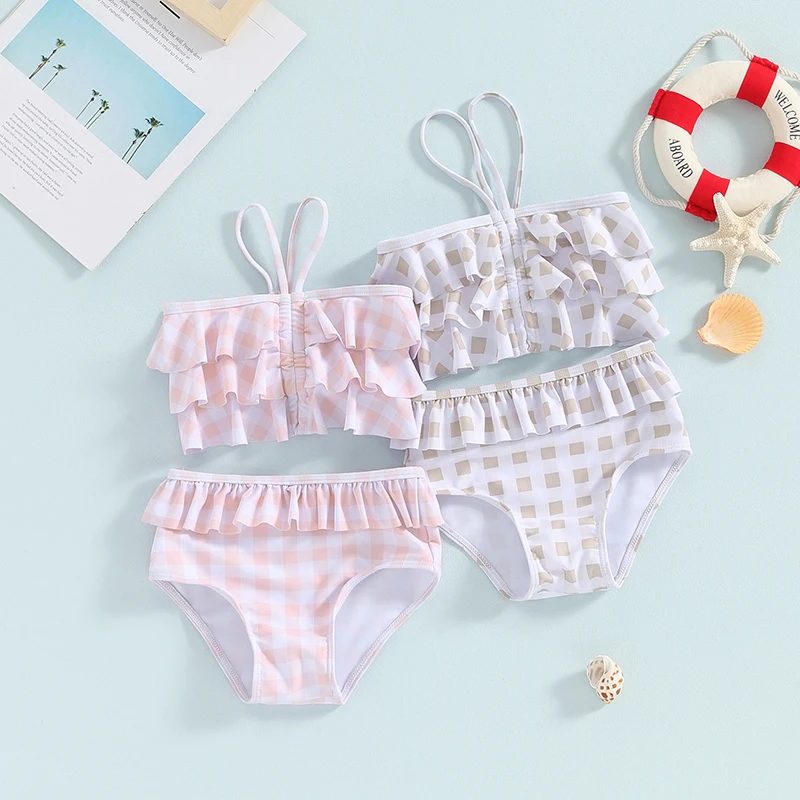 

VISgogo Toddler Girls Swimwear Summer Bikini 2 Pcs Set Plaid Print Crop Cami Tops with Ruffled Shorts Swimsuit Beachwear