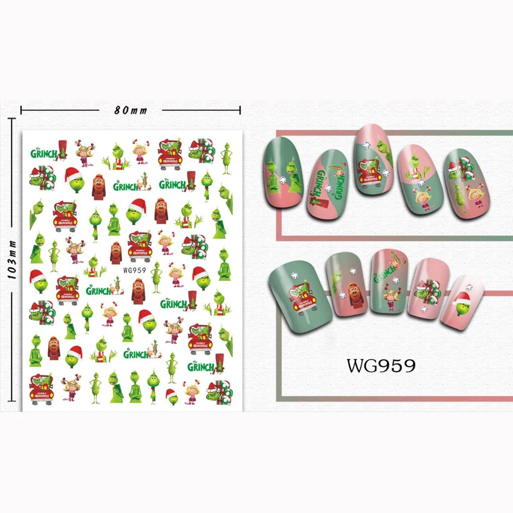 10PCS Christmas Disney Nail Art Decal Green skin monster text Mickey Nail Deco Art Decal 3D Back glue Party Green Nail slider 4