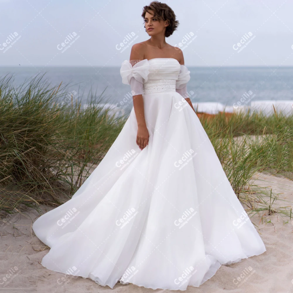 

Simple Wedding Dresses A-Line Tulle Tiered Bridal Gowns Boat Neck Robes Off The Shoulder Elegant Graceful Vestidos De Novia 2024