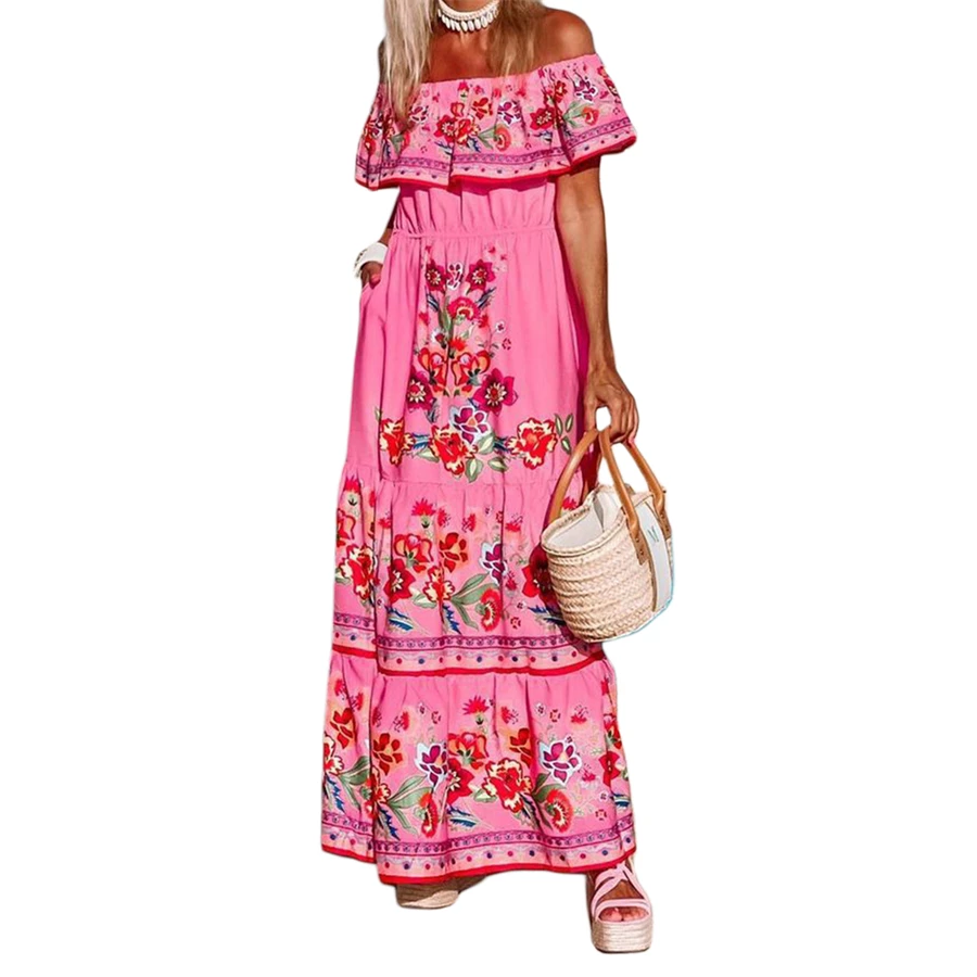 

Women's Off Shoulder Flowy Summer Beach Dress Bohemian Floral Ruffles Strapless Tighten Tie Waist Long Dresses for Vacation