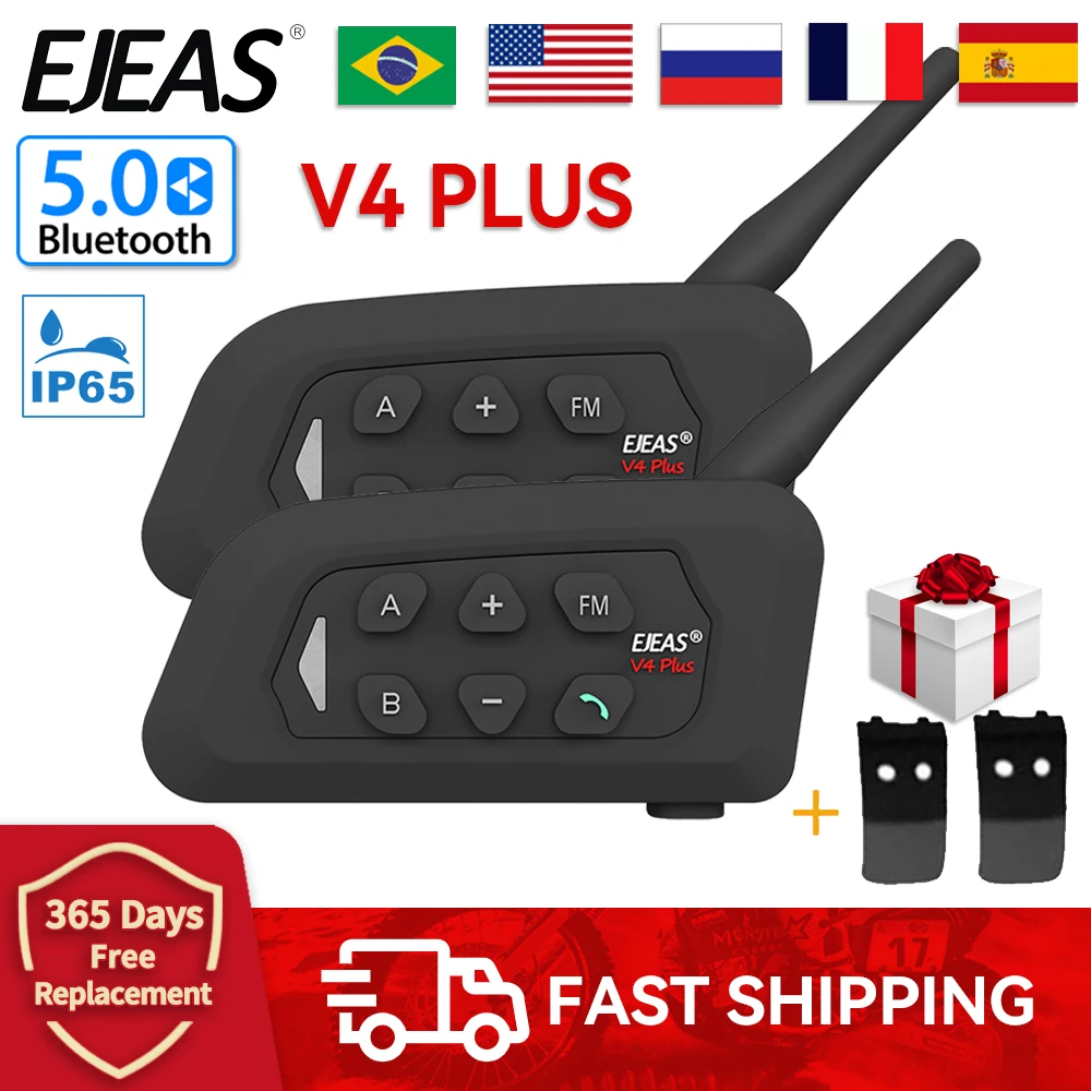 EJEAS V4 PLUS Motorcycle Helmet Headset for 4 Riders Blutooth Interphone Communication