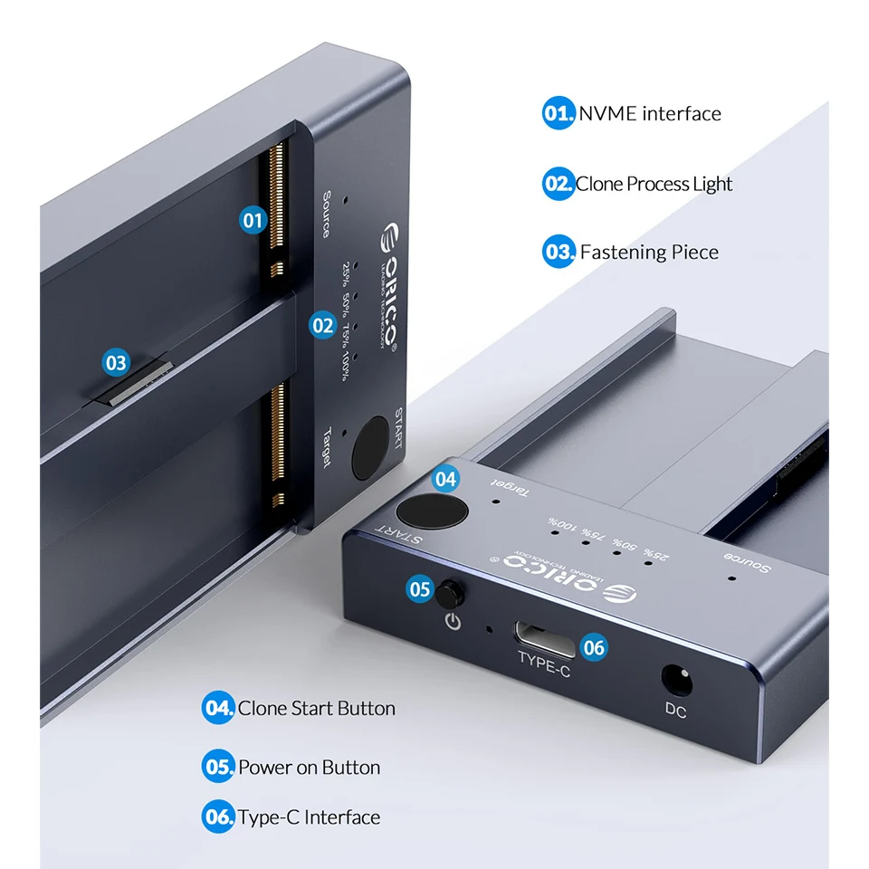 ORICO M.2 NVMe SSD Enclosure Offline Clone 10Gbps USB C Gen2 External Case Hard Drive Disk Dual Bay Port Copy Storage Box Copier