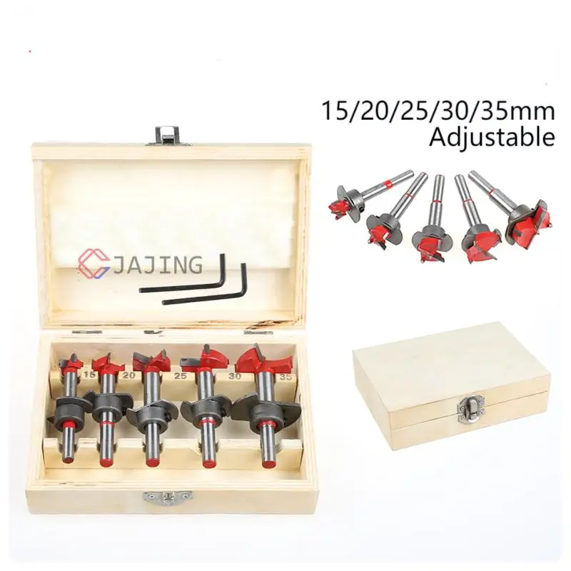 5ps Set 15,20,25,30,35mm Adjustable Forstner Carbide wood Drill Bits Hinge Hole Opener Boring Bit Tipped  Woodworking Cutter