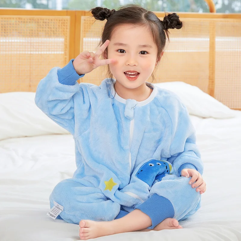 MICHLEY Blue Dinosaur Flannel Baby Kid Sleeping Bag Winter Sleepwear Cute Cartoon Bodysuit Sleepsack Pajamas With Feet Boys Girl 5