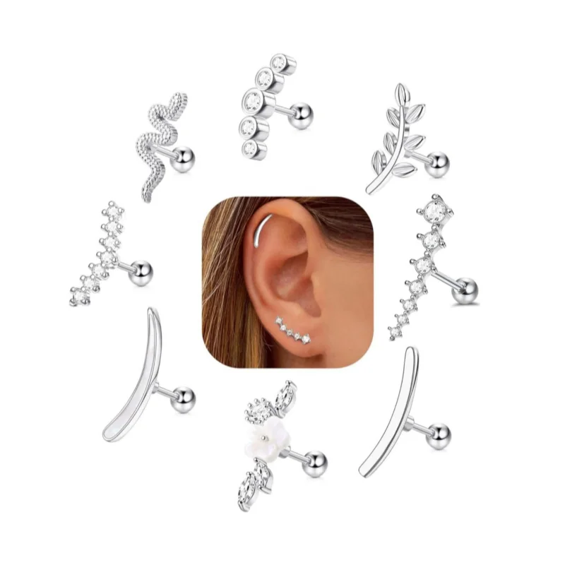 Stud Earrings 1Pc 16G Stainless Steel Screw Back Stud Earrings for Women Men, Fashion Cubic Zerconia Cartilage Conch Helix Ear Piercing Jewels