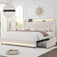 HIFIT Queen LED Bed Frame with Charging Station and 4 Storage Drawers, Velvet Upholstered Platform Bed with Handcrafted Crystal 1