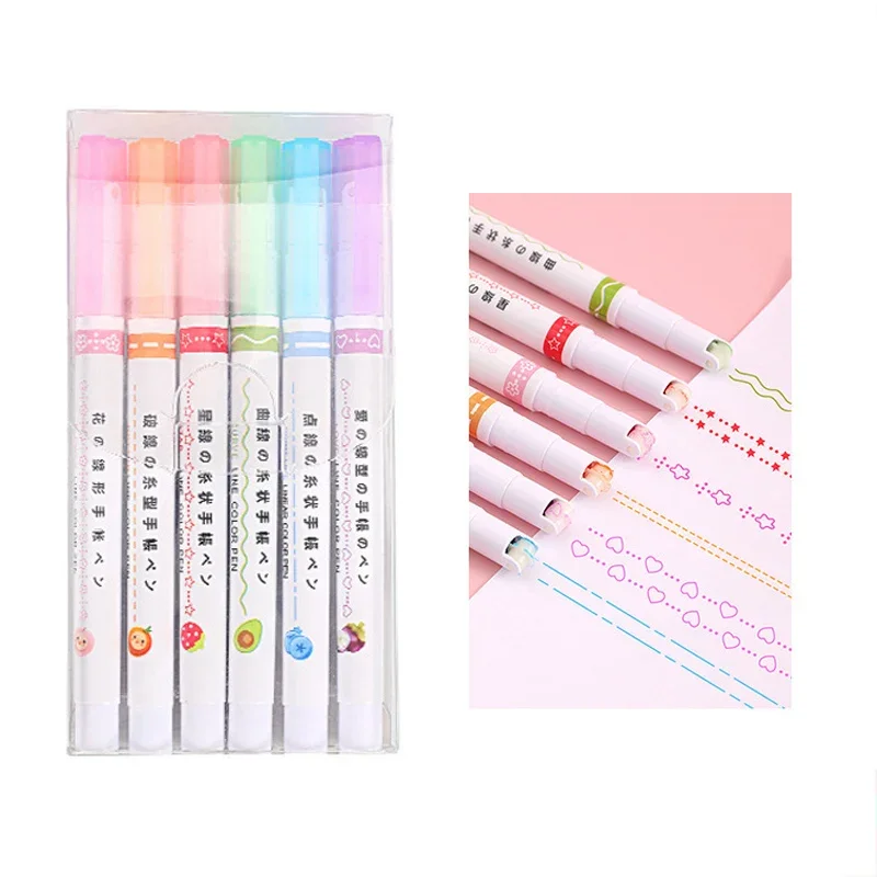 6pcs 곡선 웨이브 라인 아트 마커 펜 세트 컬러 러브 스타 클라우드 포인트 스탬프 라이너 형광펜 그리기 일기 학교