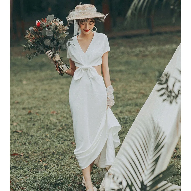 Женское атласное платье с V-образным вырезом, элегантное простое платье невесты, 2023