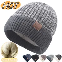 New Unisex Warm Two-Tone Winter Hats Casual Polyester Striped Add Fur Lined Men And Women Fashion Beanie Cap Winter Knitted Hats
