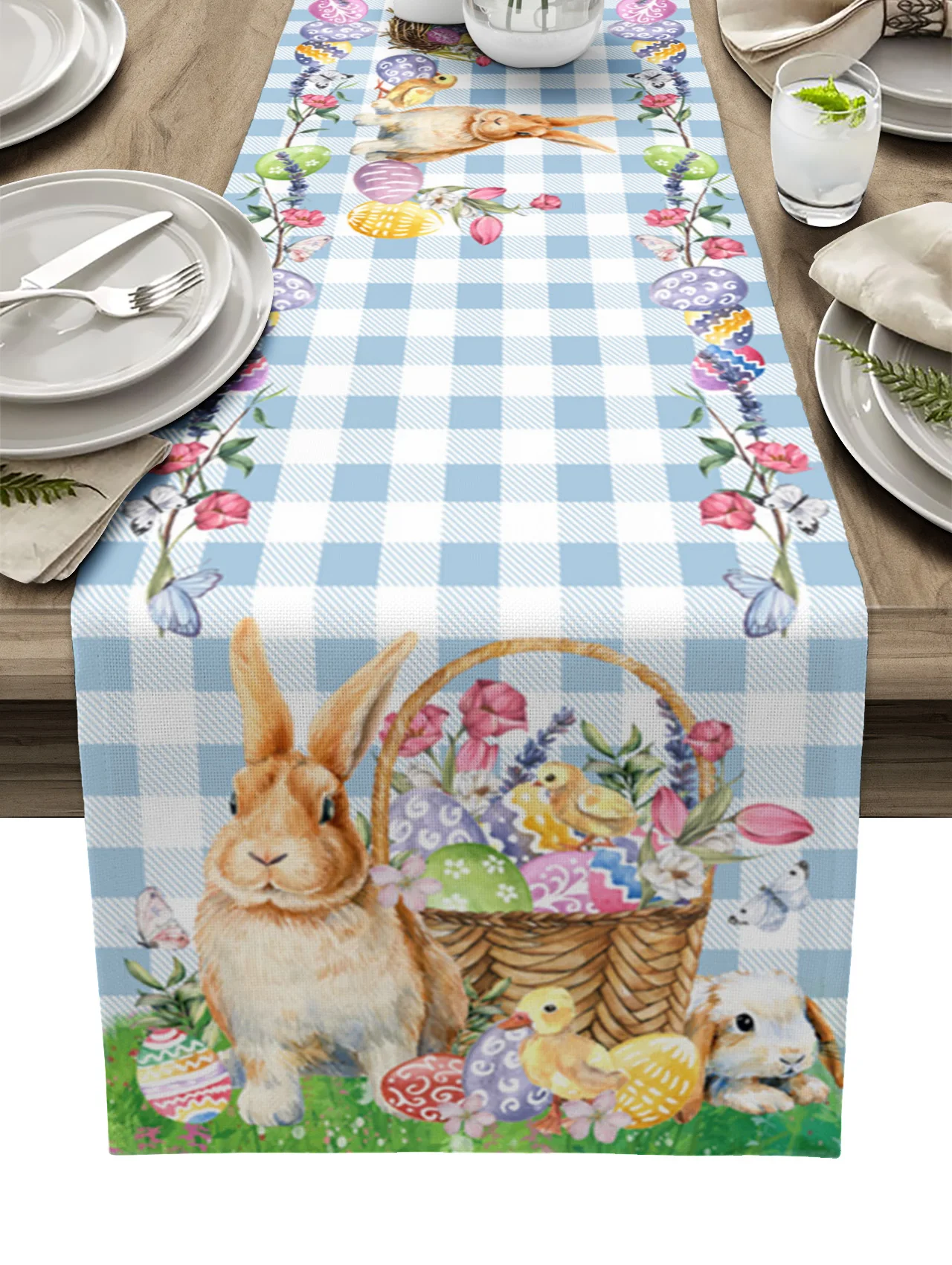 

Easter Bunny Egg Flower Blue Plaid Linen Table Runner Kitchen Table Decoration Farmhouse Dining Tablecloth Wedding Party Decor