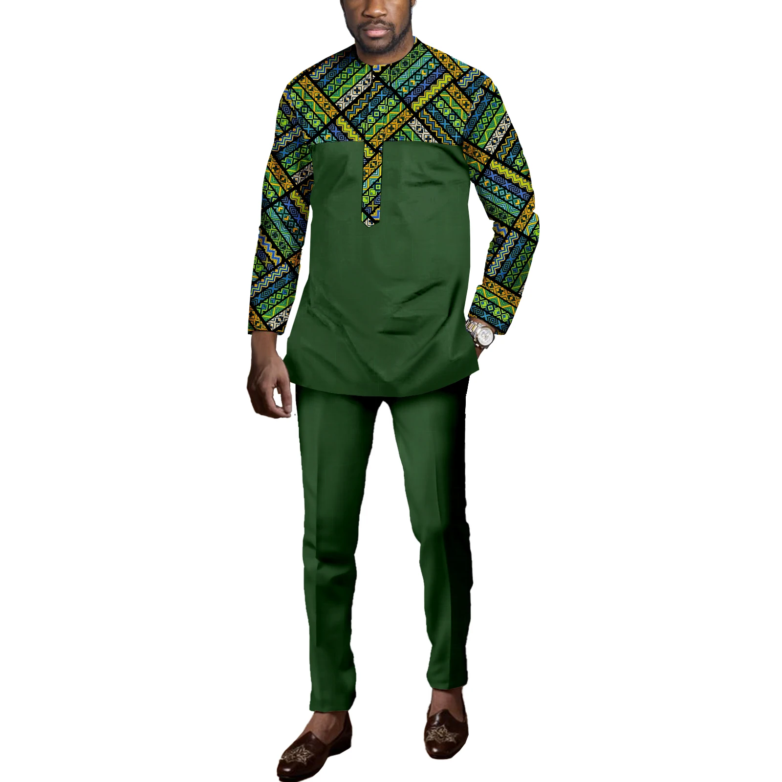 African Men Long Sleeve Shirt Dashiki Ankara Print Outfits Tribal Tracksuit Bazin Riche Outfits Fashion Casual Tracksuit bazin riche african suits for men half sleeve shirts and pants 2 piece set tribal tracksuit men s dashiki outfits a2216144