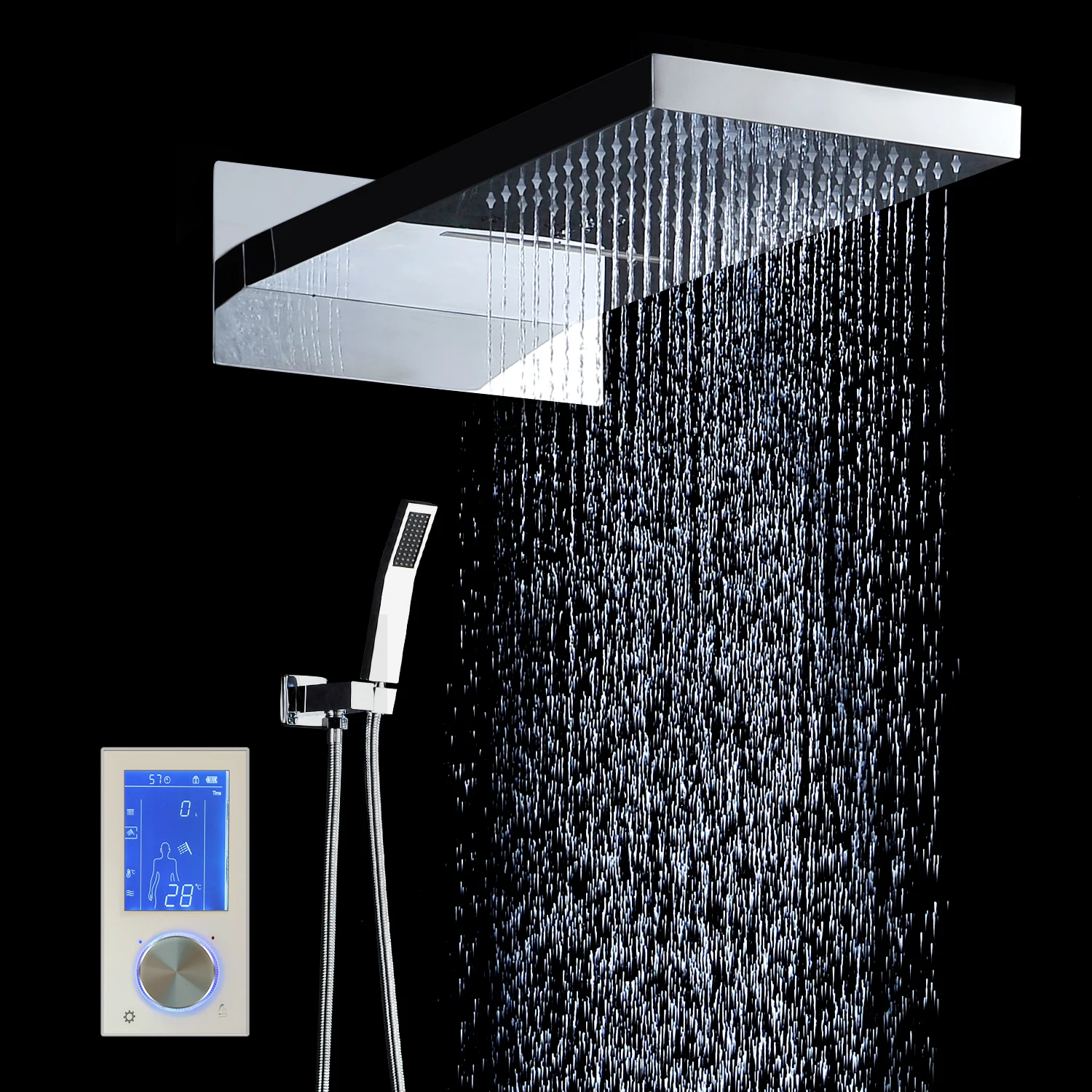 

Digital Shower Thermostatic Mixer Wall Mouted Shower head rain waterfall 22'' Chrome surface