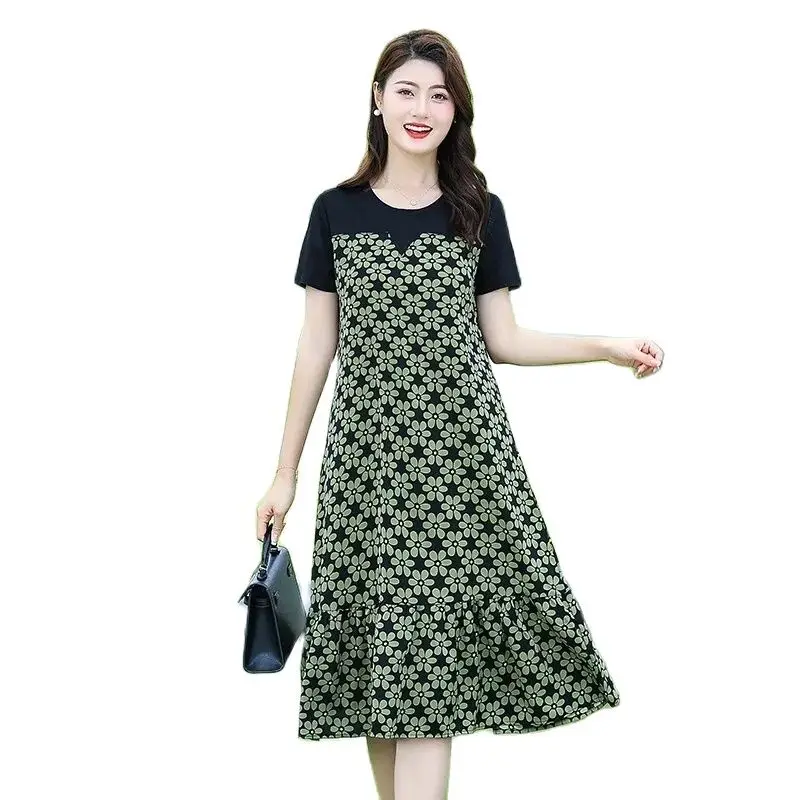 

Korean Women's Clothing 2024 Summer Comfortable Temperament Loose Slim Skirt Long Fashion Print Stitching Casual Dress Female.