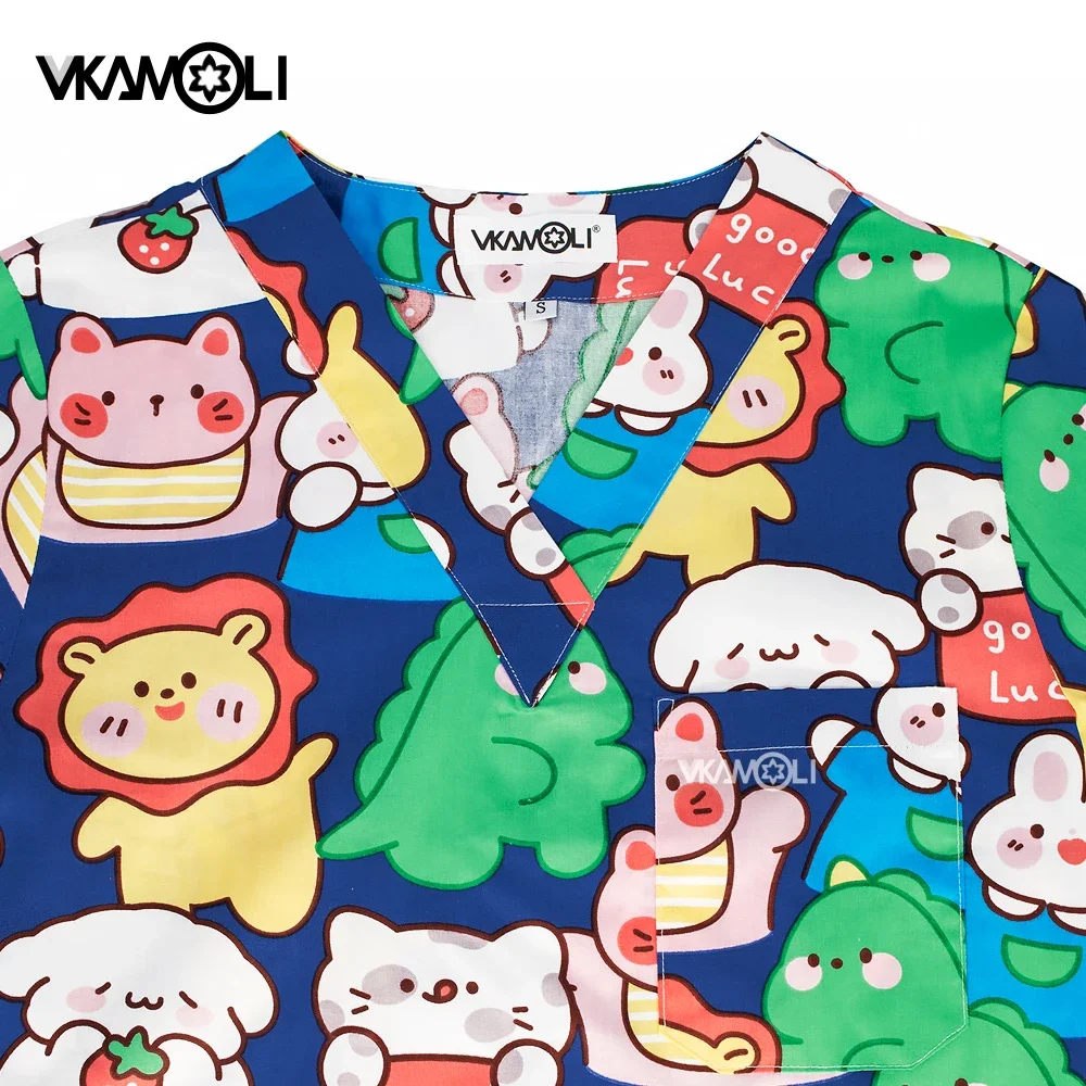 Cartoon print Women's Top V-Neck Medical Scrub Tops Hospital Scrubs shirt nurse Uniforms Dentist surgery Tops Workwear