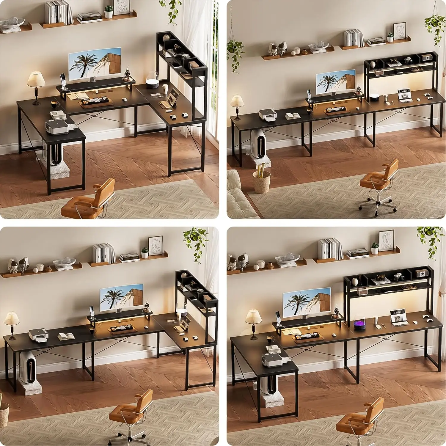 U Shaped Desk with Hutch, Reversible L Shaped Computer Desk with Power Outlets and LED Strip 4