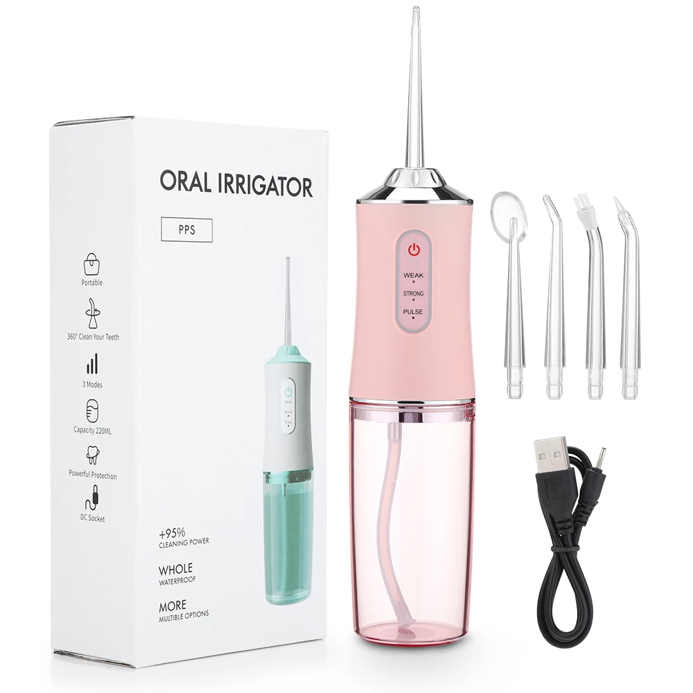 Oral Irrigator Portable Dental Water Flosser USB Rechargeable Water Jet Floss Tooth Pick 4 Jet Tip 220ml 3 Modes IPX7 1400rpm oral irrigator portable dental water flosser usb rechargeable water jet floss tooth pick 4 jet tip 220ml 3 modes teeth cleaner