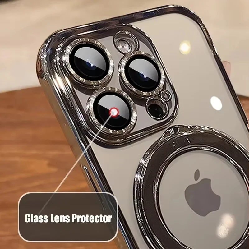 Transparent Fold Holder Phone Case with Magsafe Magnetic Cover and Glass Lens Film