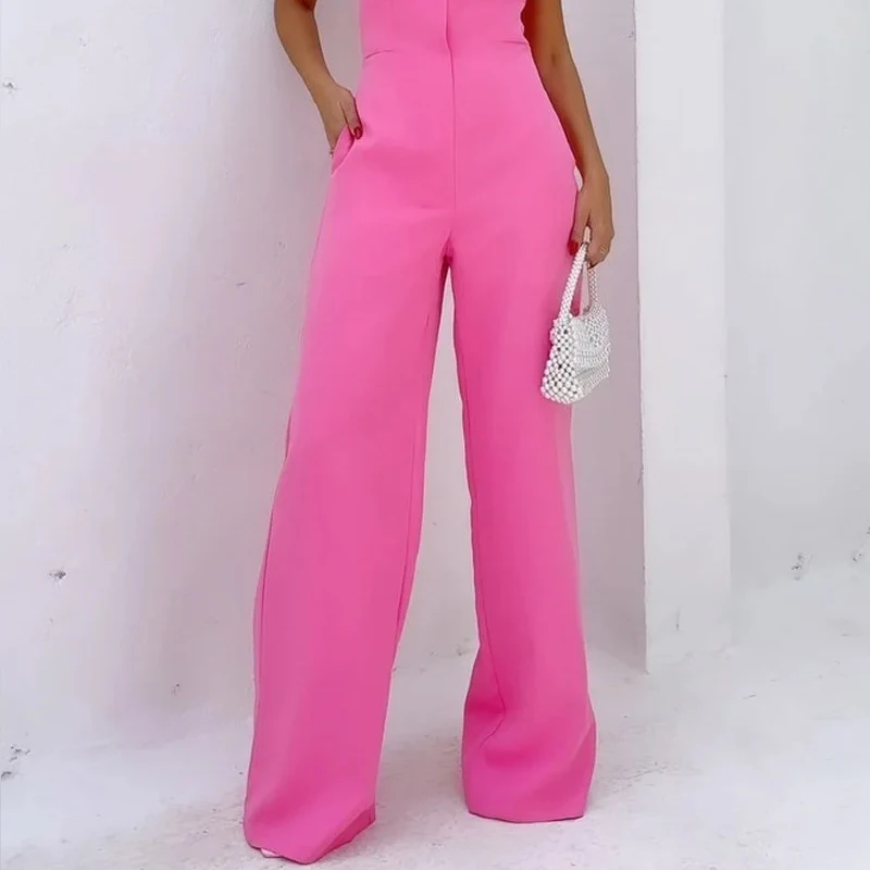 LIYONG Women Jumpsuit Summer Fashion Sexy Strapless Solid Sleeveless Nipped Waist Casual Loose Wide Legs Romper High Streetwear
