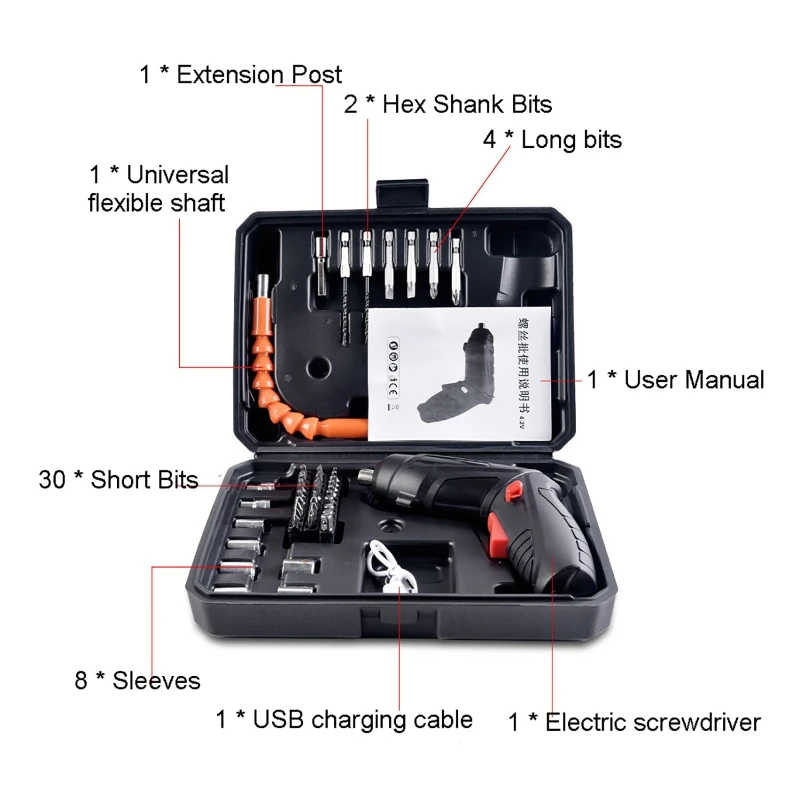 4.2V 무선 전기 스크루 드라이버 USB 충전식 LED 조명 무선 스크루 드라이버 전기 드릴 스크루 드라이버 세트 전동 공구, 방수, 낙하/누설 전력 방지, 배터리 보호 장치, 작업 영역을 비추는 통합 LE