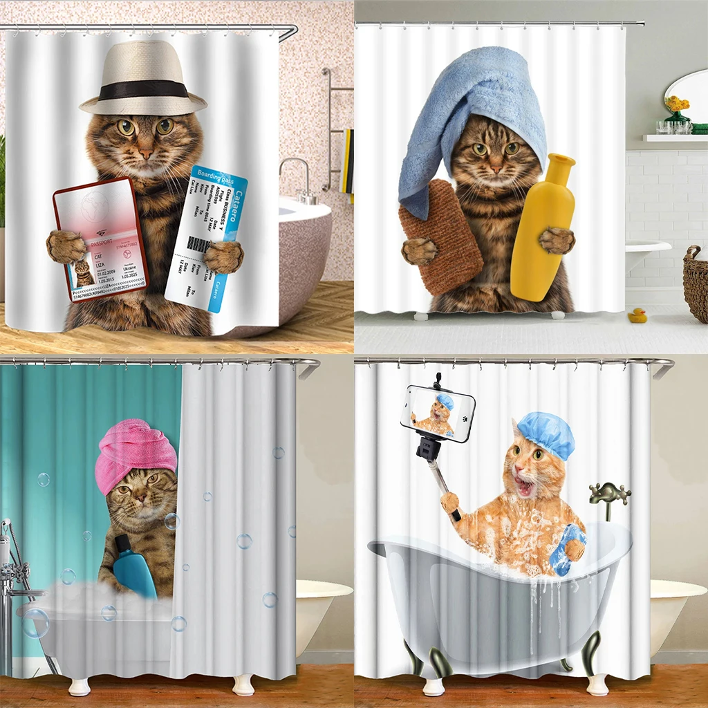 

Cute Cat Animal Waterproof Polyester Shower Curtain With Hook Bathtub Bathroom Screen Home Decoration Large Size Wallcovering