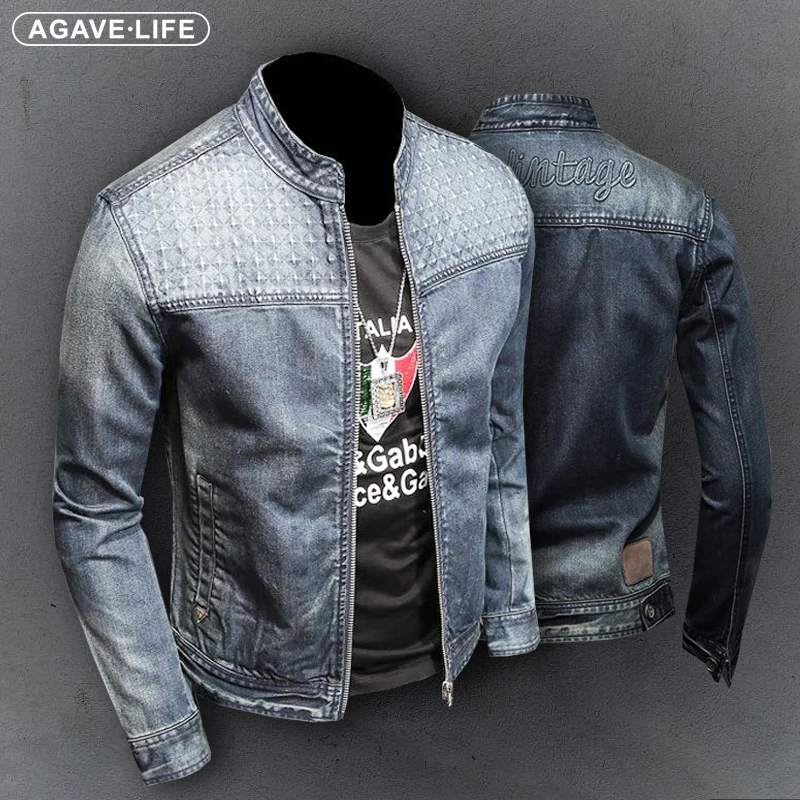 

Vintage Stand Collar Mens Coat Motorcycle Denim Jacket High Quality Embossed Craft Jean Outerwear Men Jackets Chaquetas Hombre