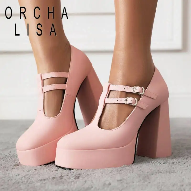 

ORCHA LISA Women Pumps Round Toe Block Heels 12cm Platform 3.5cm Double Buckle T-Strap Mary Jane Dating Shoes Plus Size 41 42 43