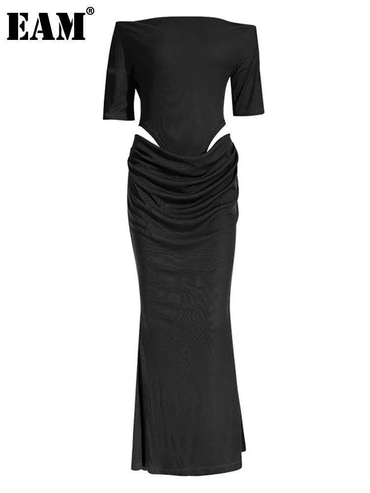 

Женское платье с вырезом лодочкой EAM, Черное длинное ажурное платье с рукавом три четверти, весна-осень 2024