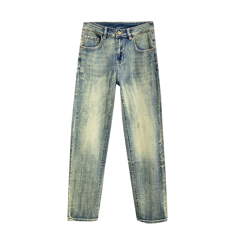 2024 heavy wash nostalgia straight jeans Slim thin elastic men's trousers spring and summer fashion simple retro blue trousers