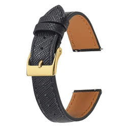 Sleek Tapered Saffiano Leather Quick Release Watch Strap - 22mm (Black gold buckle)