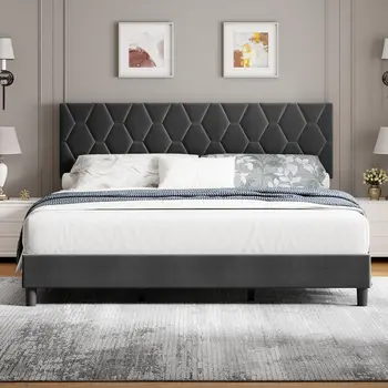 Full Size Platform Bed Frame with Upholstered Headboard – Grey 3