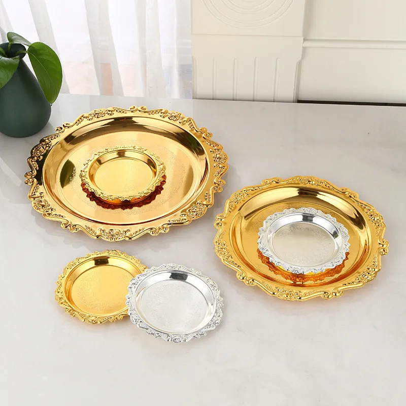 4" 6" Golden Silver Relief Tray Luxury Fruit Snack Cake Plate For Party Decorative Tea Cup Holder Desktop Jewelry Storage Tray 2