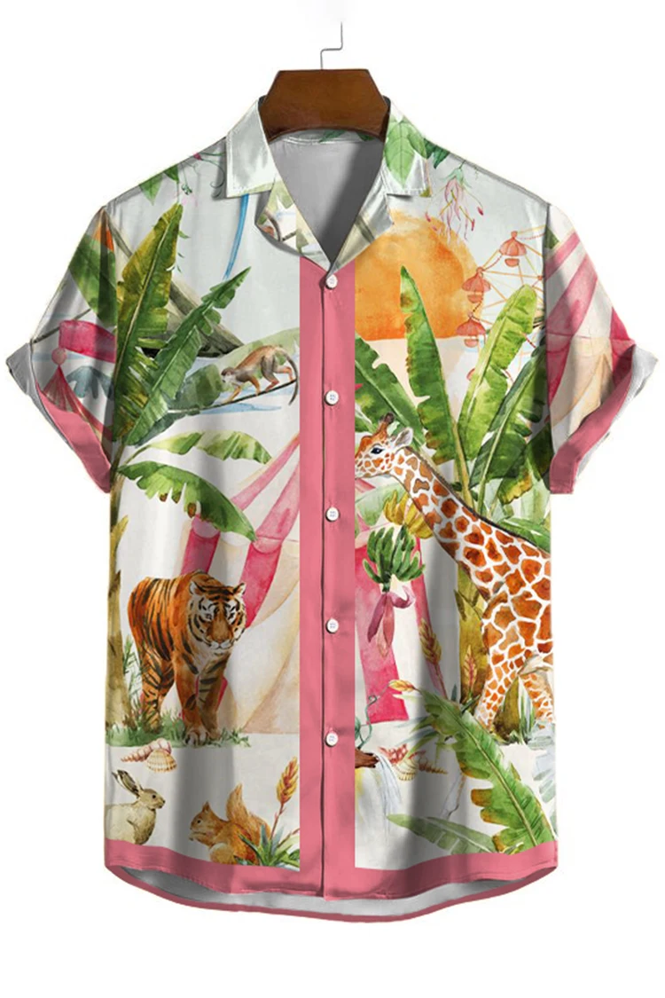 2023 New Men's Shirt Short Sleeve T-shirt Cuban Fashion Animal Print Shirt Casual Polo Collar Social Hawaiian Shirt Summer Men's