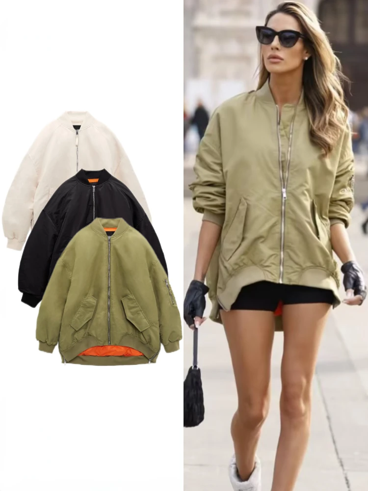 ZBZA 여성용 용수철 라운드넥 루즈한 봄버 재킷, 사선 포켓 지퍼 오버사이즈 재킷 코트, 시크한 여성 아우터, 가을 신상..