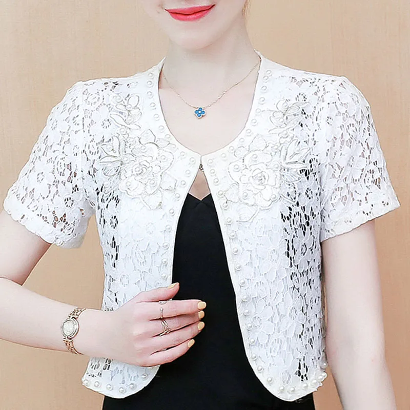 Blusas Mujer De Moda 2021 блузка Для женщин короткий рукав рубашка Бисер полые кружевная 3XL