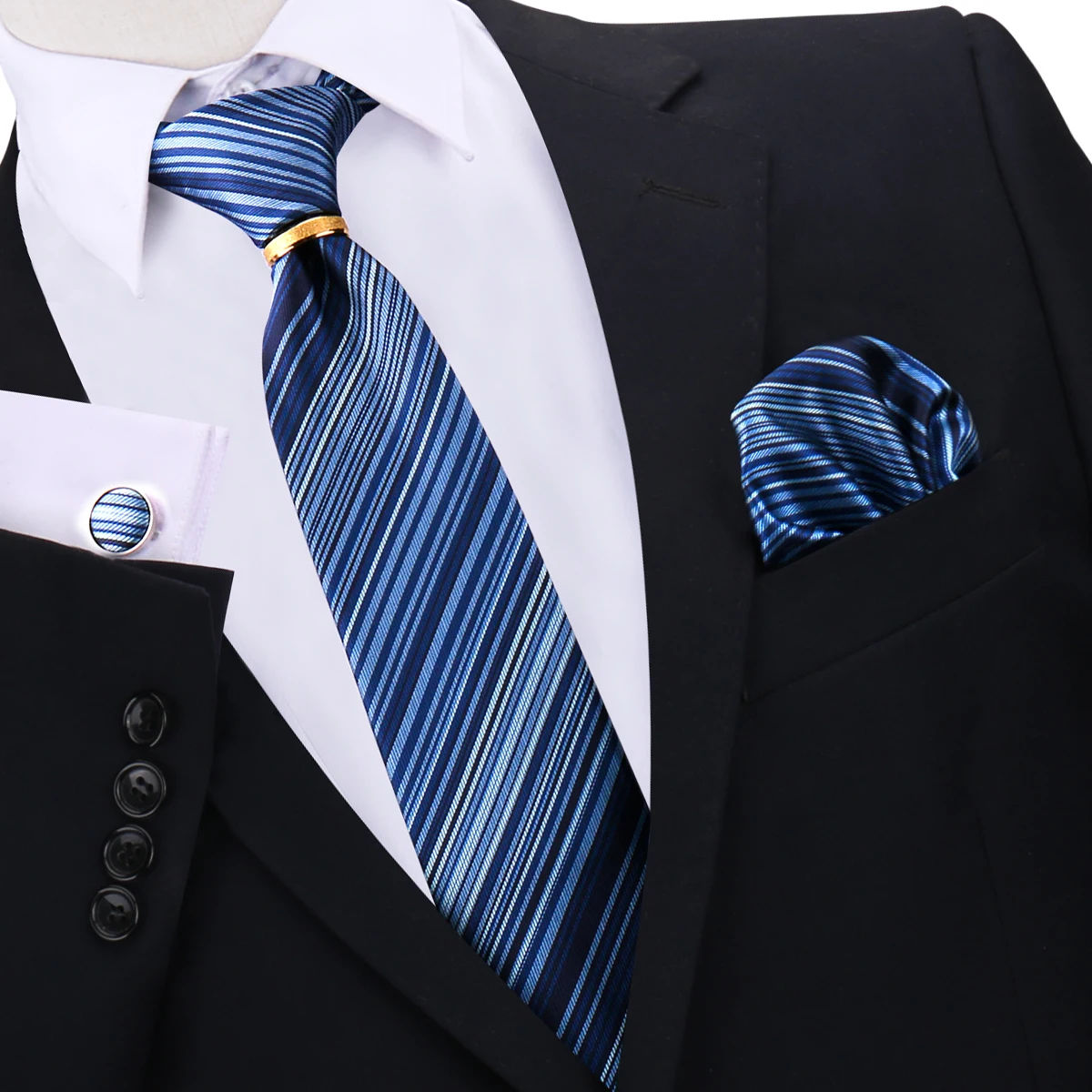 Neck Tie Men Gold Metal 8cm Necktie Handkerchief Cufflinks Metal Ring Brooch Pin Set Luxury Wedding Party