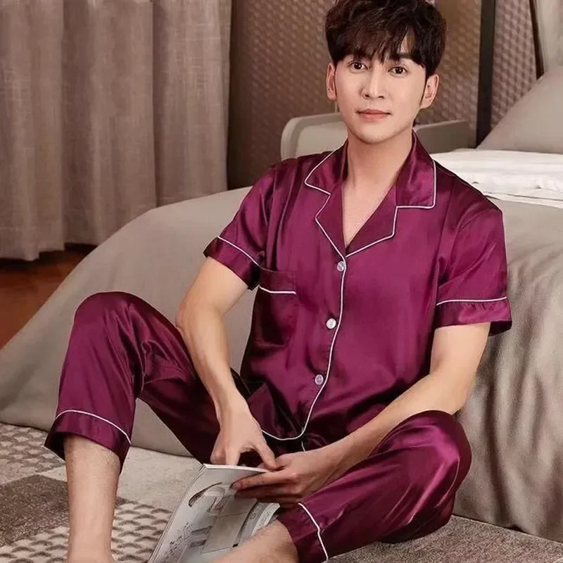 Short Men Silk Summer Satin Pyjama Wear For Pajamas Lounge Pijama Color Home Night Pants Pajama Set Sleeve Male Suit Men's Solid