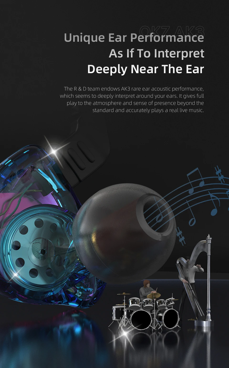 AK3 FiLe Wired Earphone with Microphone HiFi Music Monitor Bass Headphones Noise